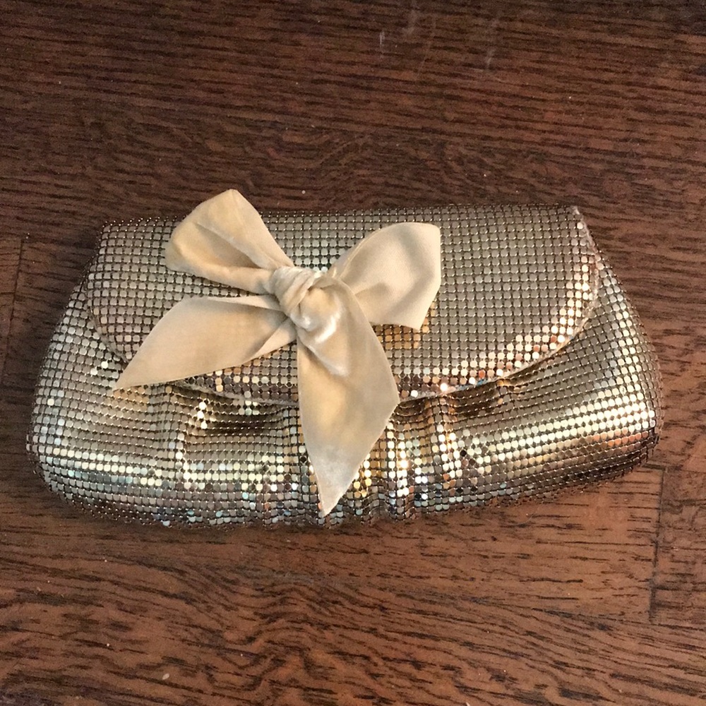 Felix Rey silver gold mesh clutch with velvet bow